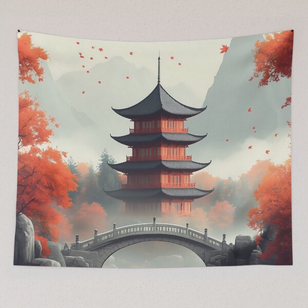 Item preview, Japanese Pagoda Autumn Bridge Red Maple Misty Garden designed and sold by juniorcastros.