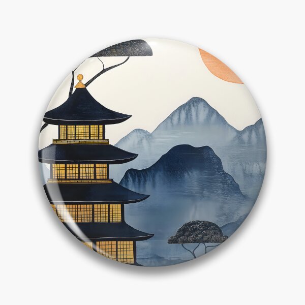 Item preview, Japanese Pagoda Minimal Sun Blue Mountain Pine Landscape designed and sold by juniorcastros.