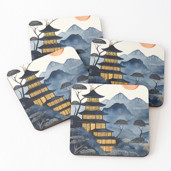 Item preview, Japanese Pagoda Minimal Sun Blue Mountain Pine Landscape designed and sold by juniorcastros.
