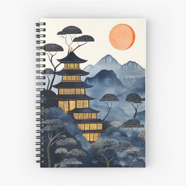 Item preview, Japanese Pagoda Minimal Sun Blue Mountain Pine Landscape designed and sold by juniorcastros.