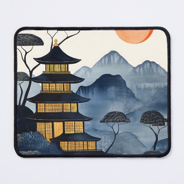 Item preview, Japanese Pagoda Minimal Sun Blue Mountain Pine Landscape designed and sold by juniorcastros.