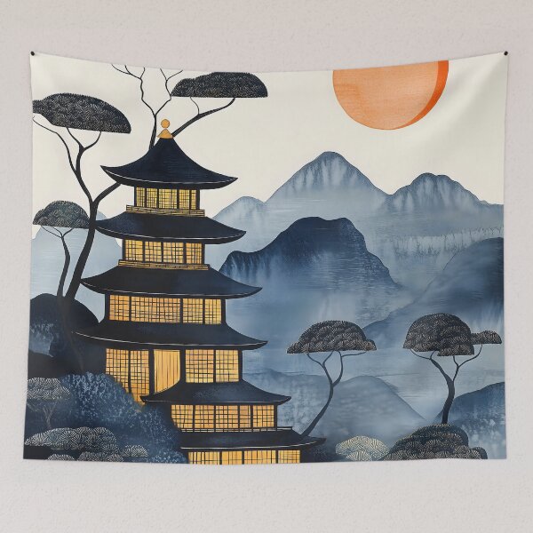 Item preview, Japanese Pagoda Minimal Sun Blue Mountain Pine Landscape designed and sold by juniorcastros.