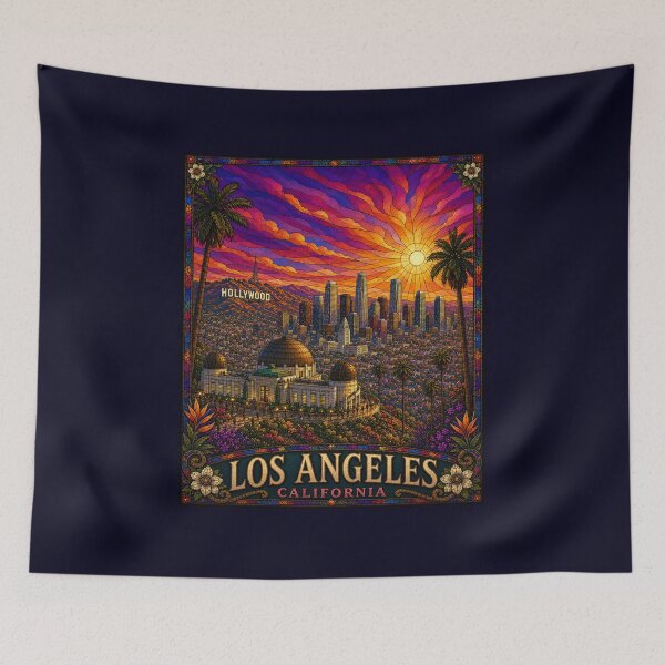 Item preview, Los Angeles Stained Glass Art | Griffiths Observatory | Downtown LA Skyline | Colorful Sunset Wall Art designed and sold by Swanny's Custom T-shirt and Gift Designs.