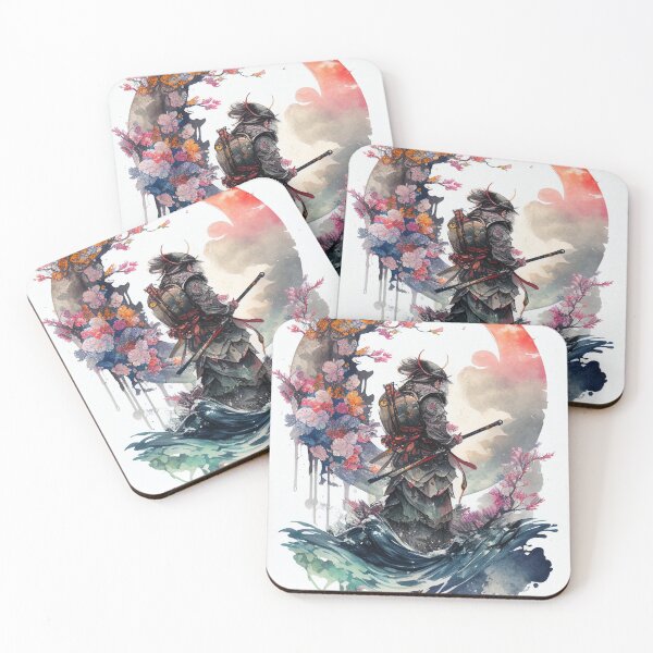 Item preview, Watercolor Samurai Standing Among Waves and Cherry Blossoms designed and sold by NithskeBR.