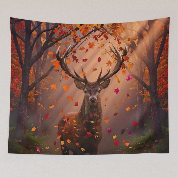 Item preview, Majestic Autumn Stag – Deer Forest Wildlife Wall Art with Falling Autumn Leaves designed and sold by DreamyWallVibes.