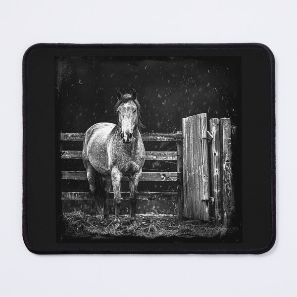 Item preview, Horse Standing in the Snowy Barnyard Black and White Art designed and sold by inkoutninja.