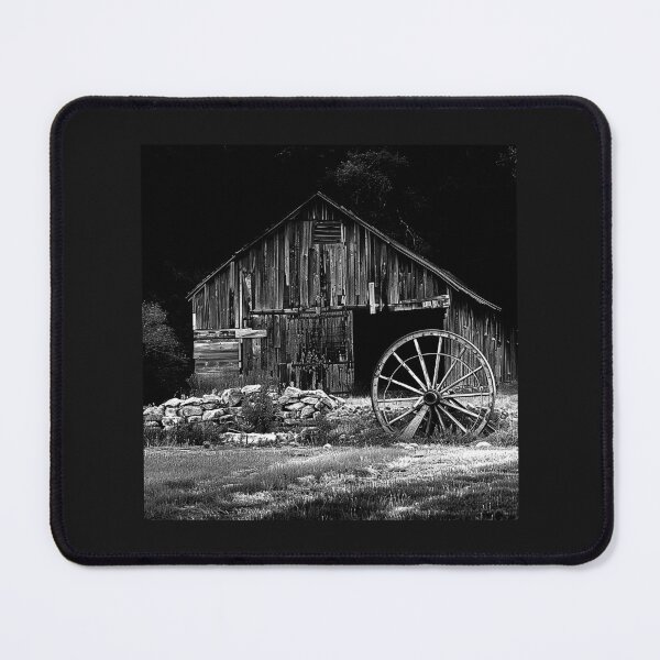 Item preview, Rustic Old Barn and Wagon Wheel Black and White Country Art designed and sold by inkoutninja.