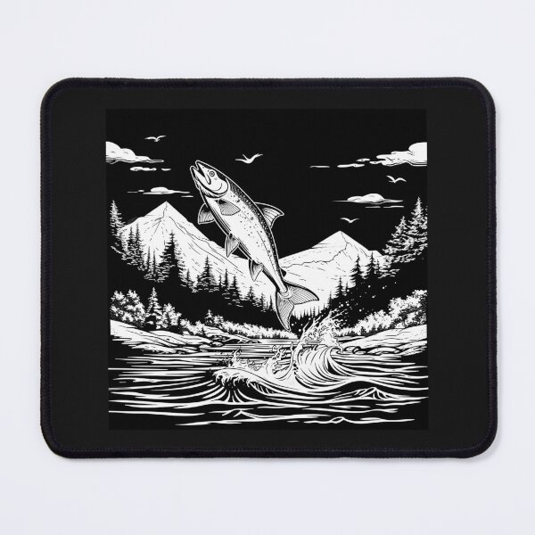 Item preview, Leaping Trout in Mountain River Black and White Art designed and sold by inkoutninja.