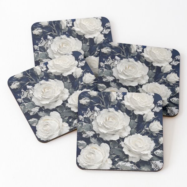 Item preview, White Roses Navy Blue Silver Foil Impasto Oil Painting designed and sold by ChubbyGoong.