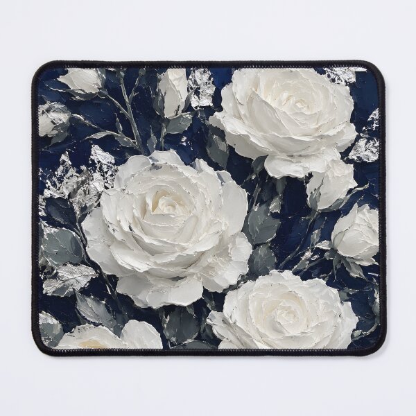 Item preview, White Roses Navy Blue Silver Foil Impasto Oil Painting designed and sold by ChubbyGoong.