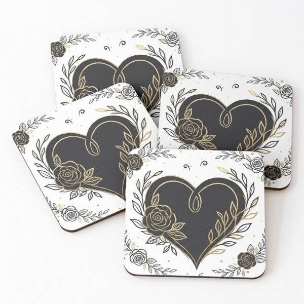 Artikelvorschau, Elegante Illustration eines floralen Herzens mit Rosen in Schwarz und Gold entworfen und verkauft von DreamyBrushArt.