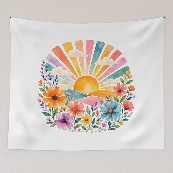 Item preview, Retro sunrise with flowers designed and sold by trendspatterns.