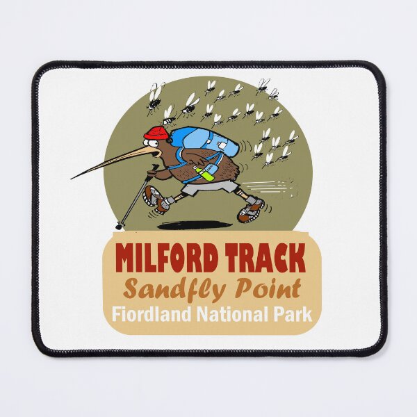 Item preview, Milford Track Sandfly Point kiwi hiker cartoon designed and sold by Al Benge - NZ & Australian Art.