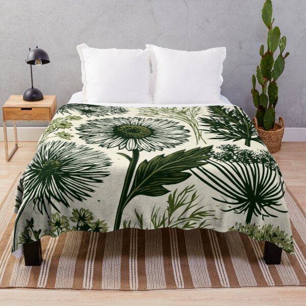 Item preview, Vintage Botanical Wildflowers Pattern Forest Green Linocut designed and sold by VectorForge.