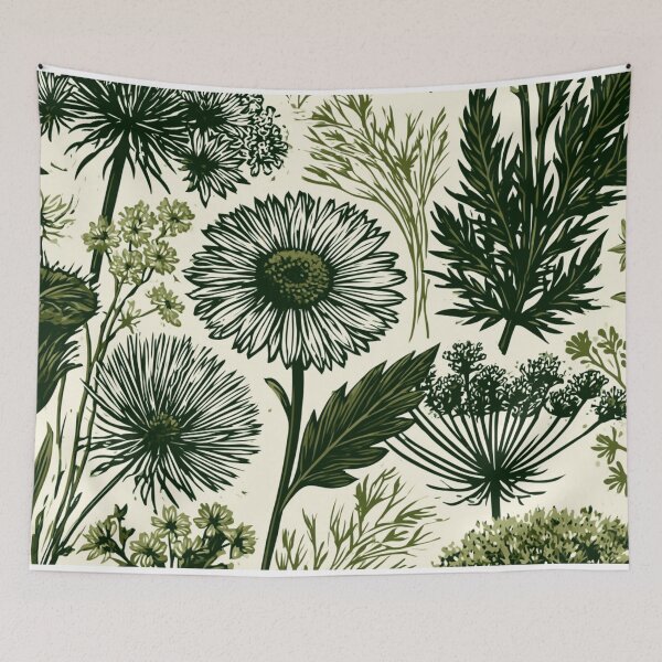 Item preview, Vintage Botanical Wildflowers Pattern Forest Green Linocut designed and sold by VectorForge.