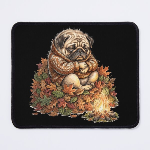 Item preview, Cozy Sleepy Pug Knitted Sweater Autumn Leaves Campfire designed and sold by BreezifyDesignStudio.