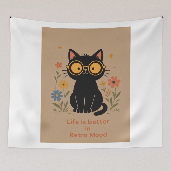 Item preview, Retro Mood Black Cat and Flowers designed and sold by PurrfectHome.