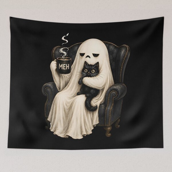 Item preview, Retro Funny Boojee Ghost Holding Black Cat Cozy Hot Latte  designed and sold by Apparel-Vortex.