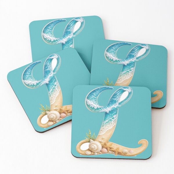 Item preview, Calligraphy Letter with Ocean Waves and Beach Details Letter L blue bg designed and sold by Lucia Amaris Art.