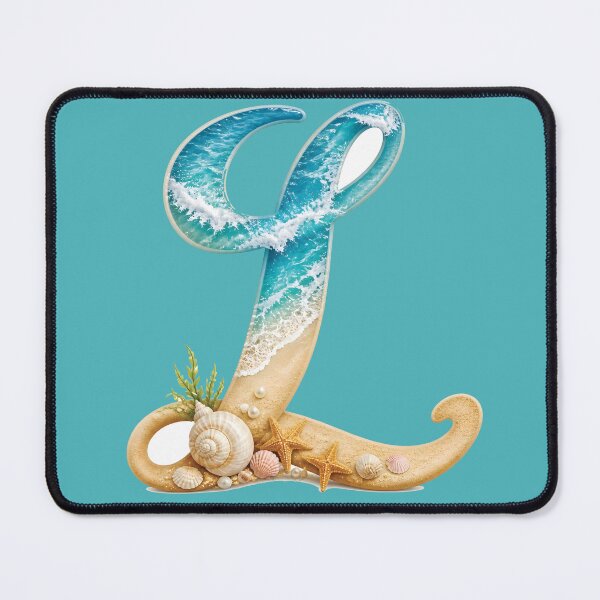 Item preview, Calligraphy Letter with Ocean Waves and Beach Details Letter L blue bg designed and sold by Lucia Amaris Art.