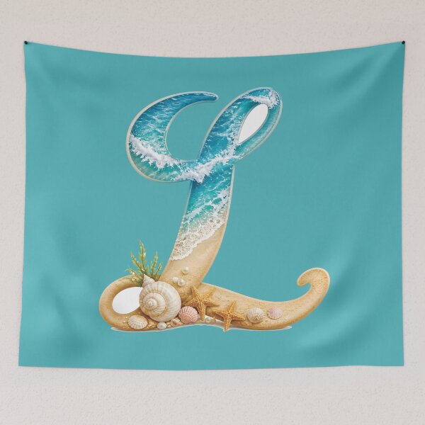 Item preview, Calligraphy Letter with Ocean Waves and Beach Details Letter L blue bg designed and sold by Lucia Amaris Art.