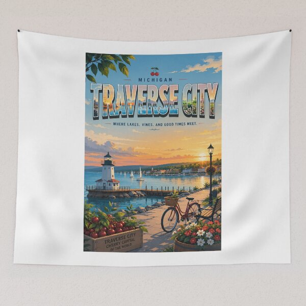 Item preview, Traverse City Michigan on Grand Traverse Bay with Cherry Capital Waterfront designed and sold by Aryabek.