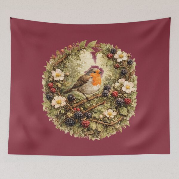 Item preview, Cottagecore Robin Blackberry Print – Woodland Bird Circle Watercolor Art designed and sold by MagicMakerPh.