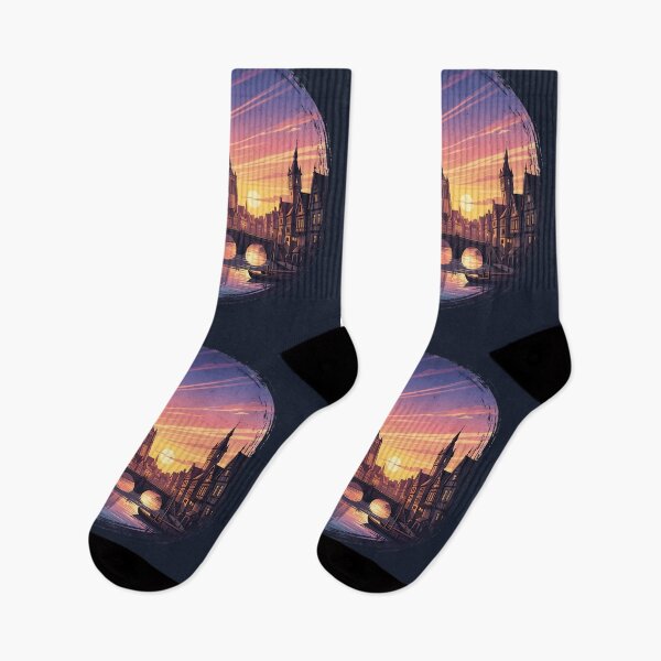 Item preview, Vintage Medieval European Town Sunset Riverside Illustration designed and sold by artscripts.