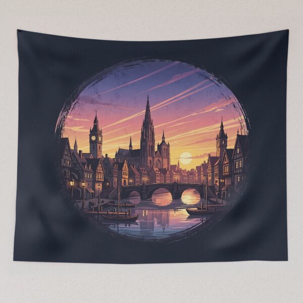 Item preview, Vintage Medieval European Town Sunset Riverside Illustration designed and sold by artscripts.