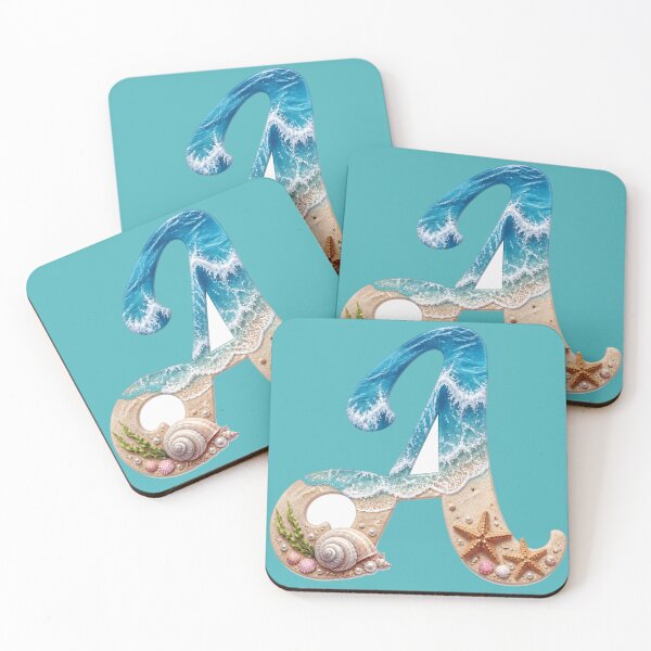 Item preview, Calligraphy Letter with Ocean Waves and Beach Details Letter A blue bg designed and sold by Lucia Amaris Art.
