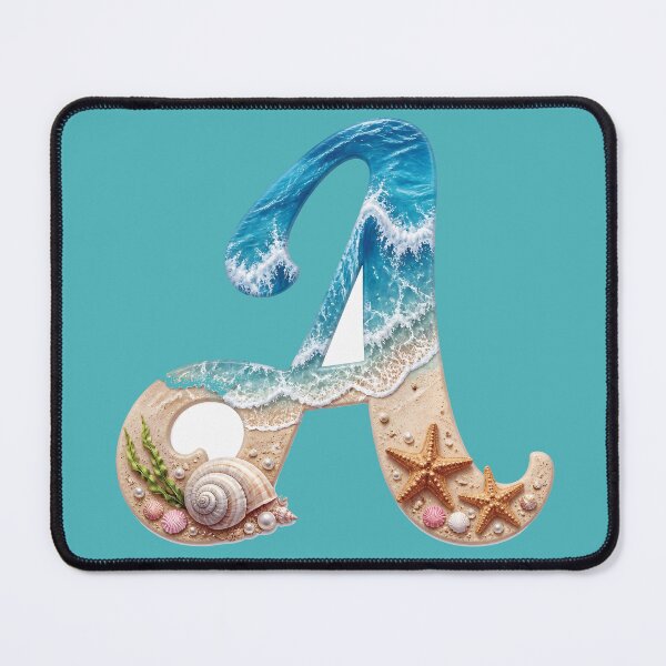 Item preview, Calligraphy Letter with Ocean Waves and Beach Details Letter A blue bg designed and sold by Lucia Amaris Art.