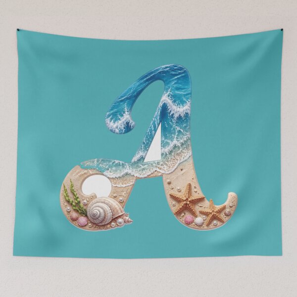 Item preview, Calligraphy Letter with Ocean Waves and Beach Details Letter A blue bg designed and sold by Lucia Amaris Art.