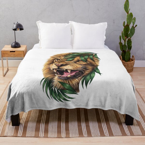 Item preview, Fierce Lion with Green Tropical Leaves Art designed and sold by RoyalDeluxGo.