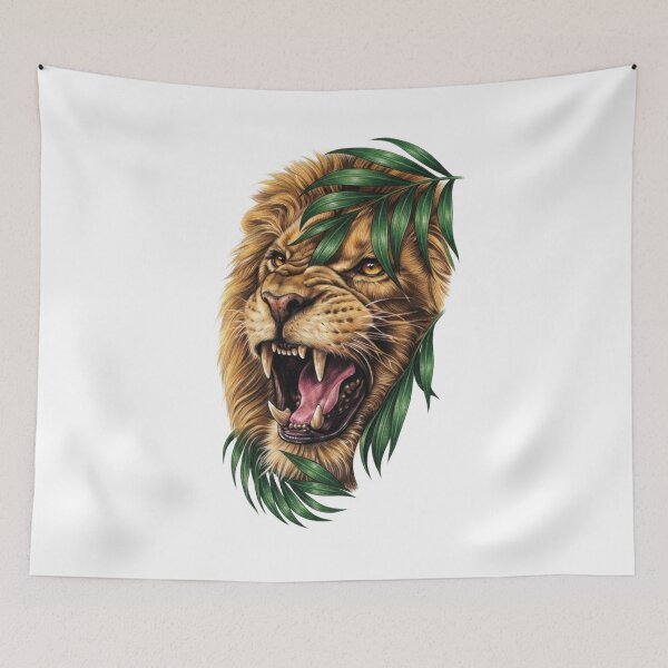 Item preview, Fierce Lion with Green Tropical Leaves Art designed and sold by RoyalDeluxGo.