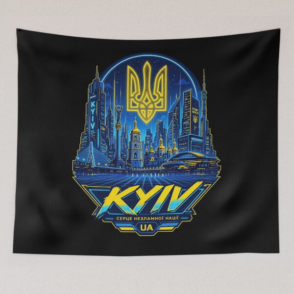 Item preview, Neon Kyiv Cityscape with Ukrainian Tryzub designed and sold by ML-Media.