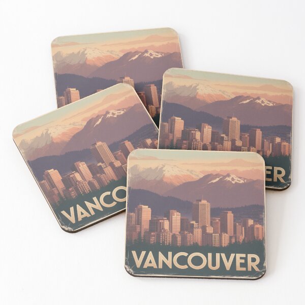 Item preview, A vintage-style travel poster showcasing Vancouver's iconic skyline with the dramatic North Shore mountains rising behind glass towers and urban architecture designed and sold by 123ks.