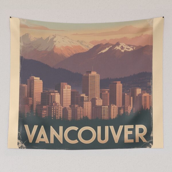 Item preview, A vintage-style travel poster showcasing Vancouver's iconic skyline with the dramatic North Shore mountains rising behind glass towers and urban architecture designed and sold by 123ks.