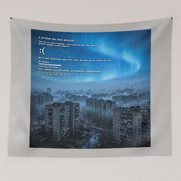 Item preview, Blue Screen of Death Over Brutalist City – Digital Nightmare designed and sold by Late Theory.