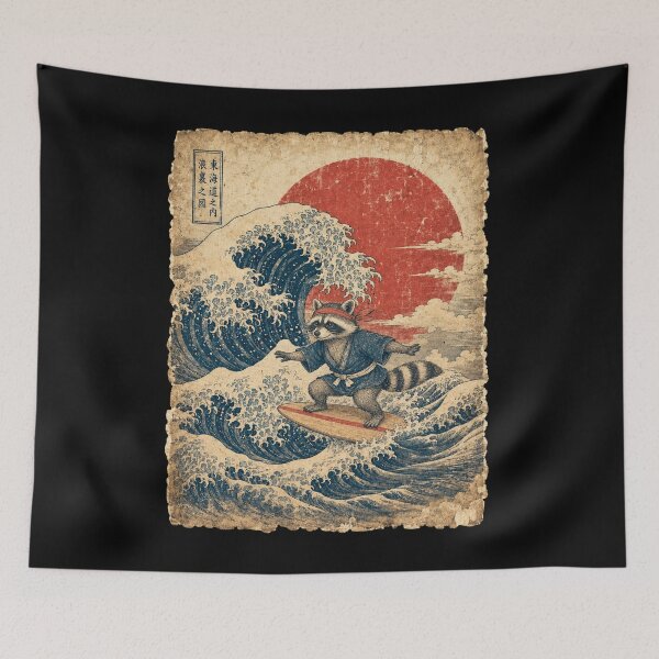 Item preview, Surfing Raccoon Vintage Japanese Ocean Wave Art designed and sold by JerdbordinShop.