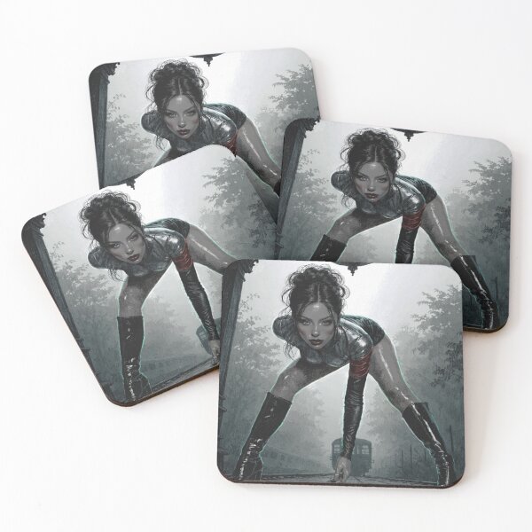 Item preview, Woman in latex crouching under clock on train platform designed and sold by Creative88Art.
