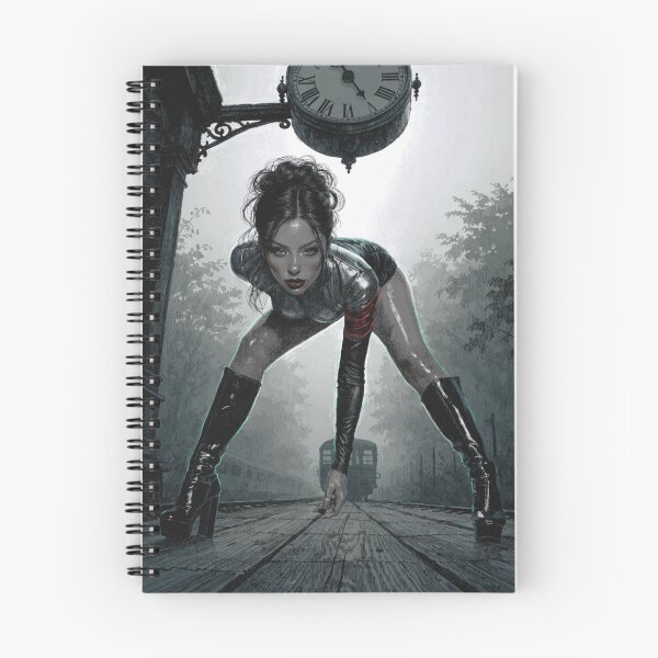 Item preview, Woman in latex crouching under clock on train platform designed and sold by Creative88Art.