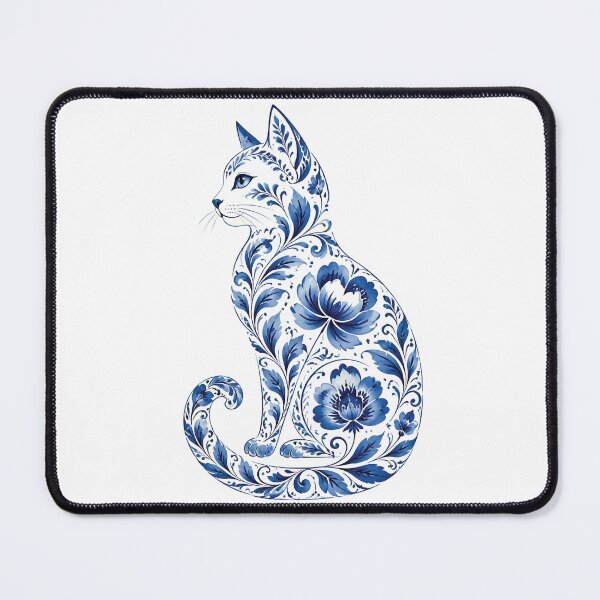 Item preview, Cat Silhouette with Blue Floral Pattern in Porcelain Style designed and sold by Lucia Amaris Art.