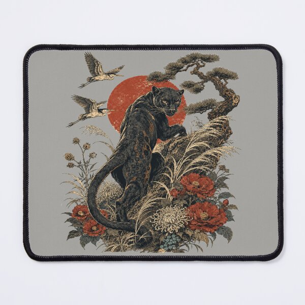Item preview, Black Panther Moon Japanese Woodblock Botanical Tattoo Shirt designed and sold by POD DYNASTY | Original Print On Demand T-Shirt Graphics.