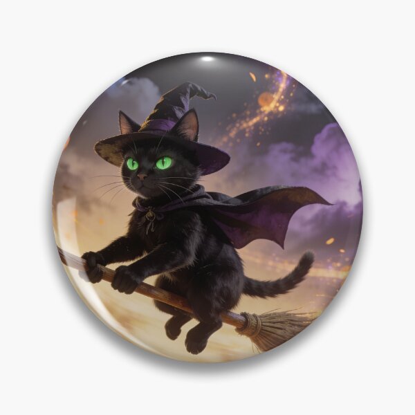 Item preview, Black Witch Cat Flying on a Broom designed and sold by OksArtStudio.