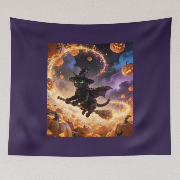 Item preview, Black Witch Cat Flying on a Broom designed and sold by OksArtStudio.