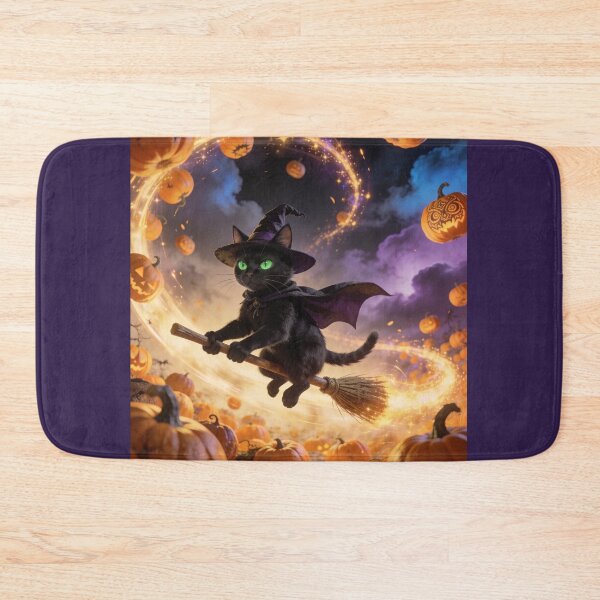 Item preview, Black Witch Cat Flying on a Broom designed and sold by OksArtStudio.