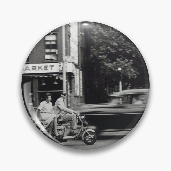 Item preview, Vintage view of man and woman on motorized scooter, A&M Super Market, city life New York City black and white photograph designed and sold by Astrid Arkhangelsky.