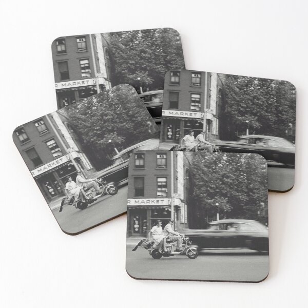 Item preview, Vintage view of man and woman on motorized scooter, A&M Super Market, city life New York City black and white photograph designed and sold by Astrid Arkhangelsky.