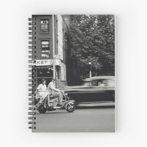 Item preview, Vintage view of man and woman on motorized scooter, A&M Super Market, city life New York City black and white photograph designed and sold by Astrid Arkhangelsky.