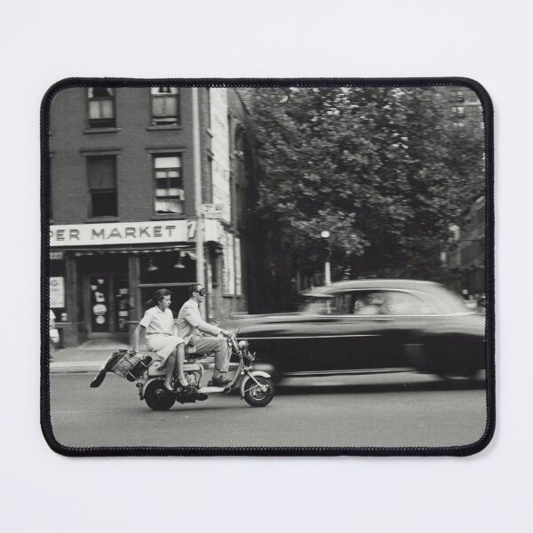Item preview, Vintage view of man and woman on motorized scooter, A&M Super Market, city life New York City black and white photograph designed and sold by Astrid Arkhangelsky.